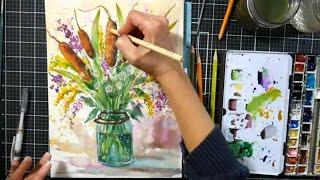 Cattail & Weed Bouquet in Watercolor & Mixed Media