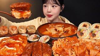 Pork Cutlet, Omurice, Gimbap, Tteokbokki with Ramyeon Noodles, Dumplings Mukbang ASMR