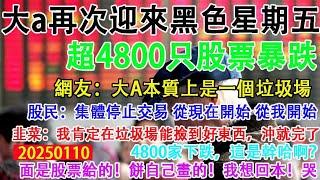 中國a股黑色星期五又又又來了，超4800只股票暴跌。網友:大a本質上是一個垃圾場。股民:集體停止交易，從現在開始，從我開始。韭菜:我肯定能在垃圾場撿到好東西，沖就完了。