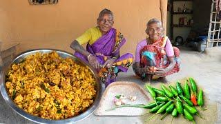 Rice chicken fry and green chilli pokora cooking by tribal village grandmother | village cooking