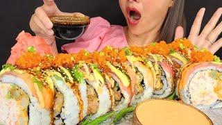 EATING GIANT RAW SUSHI ROLL!  SEAFOOD ASMR MUKBANG OMAD MESSY EATING NOISES NO TALKING BIG BITES