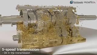 Particleworks | Oil lubrication simulation of transmission - 200M particles | Prometech Software