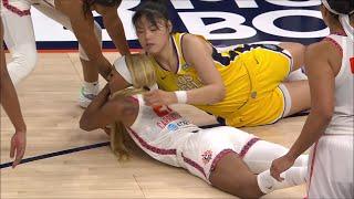 Dijonai Carrington Shaken Up After Rolling Ankle & Diving For Ball | Connecticut Sun vs Sparks WNBA