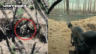 Trench Warfare. First Person Shooter. Fighter from the ‘Bureviy’ Brigade Killed Two Russian Soldiers