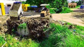 New Project!Incredible Small Dozer Clearing Trash Fall Canal,Dump Truck Pouring Stones Fill Recoery