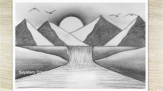 Waterfall Mountain Scenery Drawing, Mountain Landscape Drawing, Pencil Drawing