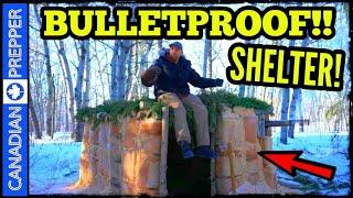 Building a Bulletproof Pykrete Survival Shelter in Woods w/ Stove