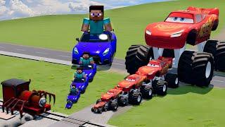 Big & Small Monster Truck Lightning Mcqueen vs Minecraft Steve vs Train Choo-Choo Charles | Beamng