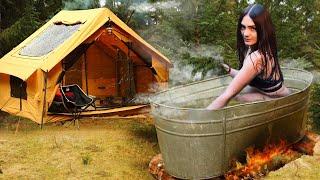Solo in Hot bath with New inflatable Tent overnight | Cozy countryside camping | Outdoor relax