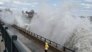 Hurricane Waves at the Beach - Huge Waves Crash Over the Sea Wall at the Beach