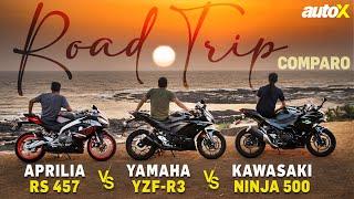 Aprilia RS 457 vs Yamaha R3 vs Kawasaki Ninja 500 | 300km Road Trip Comparison Test 2024 | autoX