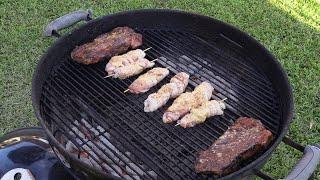 Bacon Wrapped Lobster and NY Strip Steaks (Weber Kettle)