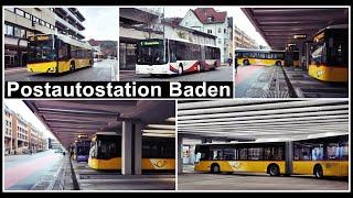 Grosse  Postautostation und ein Güterzug beim Bahnhof Baden