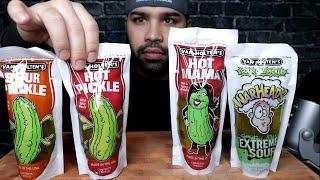 (ASMR) WARHEADS EXTREME SOUR PICKLE, SOUR PICKLE, AND HOT PICKLES REVIEW