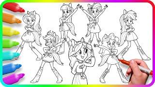 Coloring Pages EQUESTRIA GIRLS - Cheerleaders. How to draw My Little Pony. Easy Drawing Tutorial Art