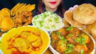 Eating Kadhi Chawal, Dum Aloo, Puri, Pakoda | Veg Food | Big Bites | Asmr Mukbang | Eating Sounds