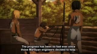 Eren Mikasa and Armin talk about marleyans at shooting range aot s4 ep 9 (english sub)