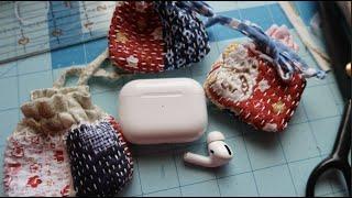 Slow Stitched Komebukuro (Japanese rice bag) EarPod Storage Bag  Mini Rice Bag  Sashiko Boro Sachet