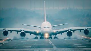 Airbus A380 pilots LANDING on WET runway 4K 120fps slow motion