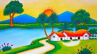 How to Draw a Sunset Landscape Village Scenery Drawing with Oil Pastel/গ্রামের প্রাকৃতিক দৃশ্য আঁকা