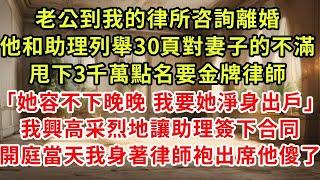 老公到我的律所咨詢離婚，他和助理列舉30頁對妻子的不滿，甩下3千萬點名要金牌律師「她容不下晚晚 我要她淨身出戶」我興高采烈地讓助理簽下合同，開庭當天我身著律師袍出席他傻了#復仇 #逆襲 #爽文