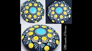Dot Mandala on Art Stone~Calming Blue Grey Yellow ~ Painting by Miranda Pitrone using Dotting tools