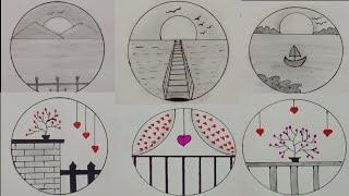 Easy 6 Circle Scenery Drawing Ideas || Pencil Shading Drawing Easy || easy 6 circle darwing