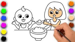 Coloriage et peinture Maman nourrissant bébé | Planète Coloriage