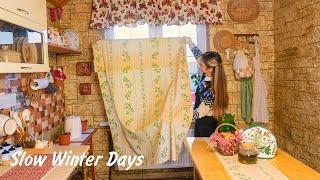 The art of living a simple life. Take up sewing on a winter day. Cozy cottagecore kitchen