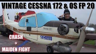 CESSNA 172 vintage balsa RC plane with OS FP 20 glow engine CRASH/MAIDEN FIGHT