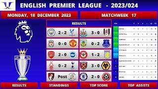 EPL FIXTURES TODAY Matchweek 17 | Results, Standings, Top Scorer & Assists  | EPL 2023/24