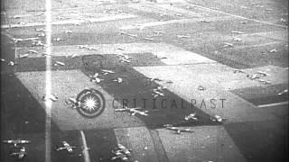 View from the air of grounded British glider aircraft used in invasion of France...HD Stock Footage