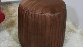Solid Handmade leather Round Pouf in Brown Color