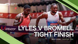 Noah Lyles  beats Trayvon Bromell on the finish line of the men's 60m  | World Indoor Tour 2023