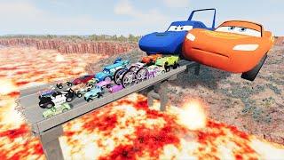 Big & Small Lightning McQueen Boy, King Dinoco vs Tow Mater,Pixar Car vs Lava Bridge- BeamNG.Drive