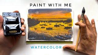 Step by Step Watercolor Painting Tutorial for Beginners ~ Beautiful Sunset at Sea ~ PAINT WITH ME