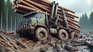 Forest land challenge: super heavy wood truck crosses slippery, muddy road