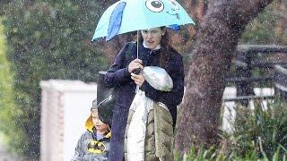 Jennifer Garner In A Pantsuit And Son Samuel In A Batman Raincoat After Church