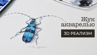 Как нарисовать жука акварелью, 3D реализм! как нарисовать насекомое