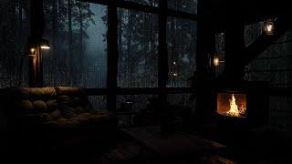 Cozy Night Cabin with Rain on window and Cozy Fireplace Burnings in the Forest