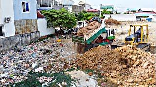 First Starting A New Project Filling Land By Bulldozer Komatsu D31PX Push soil to Delete Garbage