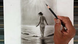 Pencil drawing landscape of a girl on sunlight beach .