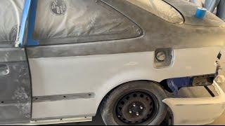 Block sanding high build primer with 220 grit on the k20 civic coupe#sanding#bodywork#autobody#diy