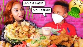 SMELLING LIKE FISH PRANK ON MY SON + SEAFOOD SUSHI MUKBANG (MUKPRANK) | QUEEN BEAST & JUJU