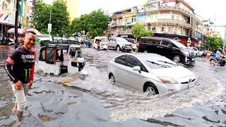 So Heavy Rain in Phnom Penh City! Walking in the Rain with Umbrella - Cambodia Market Food Tour