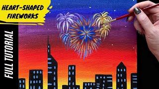 EP141- 'Heart-Shaped Fireworks' easy New Year's Eve acrylic painting tutorial for beginners