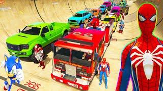 SPIDERMAN And FIRE Truck Cars Сhallenge Jump on MEGA Rampa ! SUPERHEROES HULK Monster Trucks - GTA V