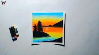 Easy Riverside Landscape Sunset Scenery Drawing || Sunset Painting || Oil Pastel Drawing