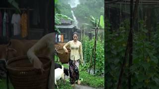 Village Woman Harvests Cucumbers During Storm | Rural Life Aesthetic #rain #rainsounds #nature