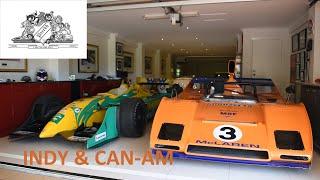 Reynard 2002 Indy Car & McLaren M8F Graduate CAN-AM ex-F1 Race Cars in a suburban Garage